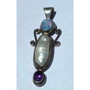 Vintage Artisan 925 Sterling Silver Pendant w/Opal Mother Of Pearl & Amethyst